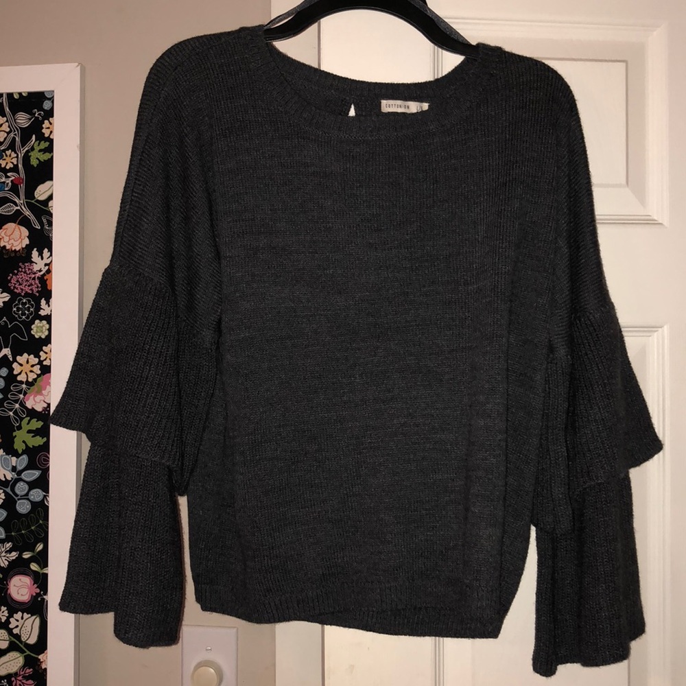 NWOT Charcoal Gray Sweater with sleeve ruffles